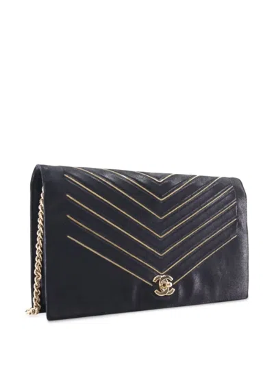 Pre-owned Chanel 2017-2018 Chevron Nubuck Micro Chain Embellished Flap Crossbody Bag In Black