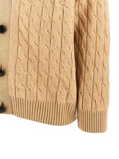 Amaranto Beige Cable Knit Cardigan With Deep V-neck And Button Closure In Brown