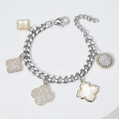 Fashnzfab 14k Gold Plated Cz Stone Paved Mother Of Pearl Quatrefoil Charm Station Bracelet - Two Tone In Metallic