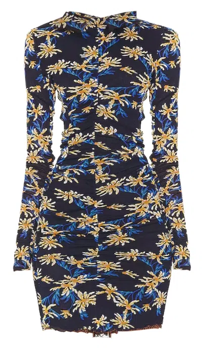 Diane Von Furstenberg Reversible Ruched Floral-print Stretch-mesh Mini Dress In Blue