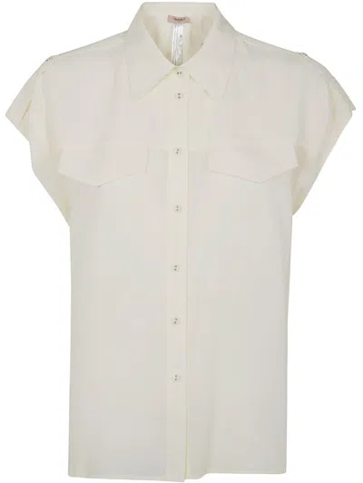 Twinset Short Sleeve Crepe Shirt With Button-down Front In White