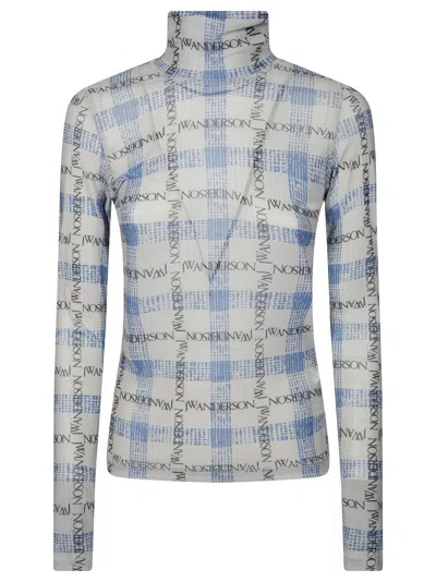 Jw Anderson Checkered Turtleneck Top With High Collar In Blue