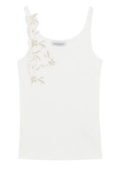 Ermanno Fitted Top With Floral Embroidery And Ribbed Texture In White
