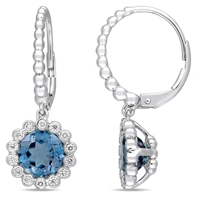 Mimi & Max 3 1/6ct Tgw London Blue Topaz 1/3ct Tw Diamond Halo Scalloped Earrings 14k White Gold In Metallic
