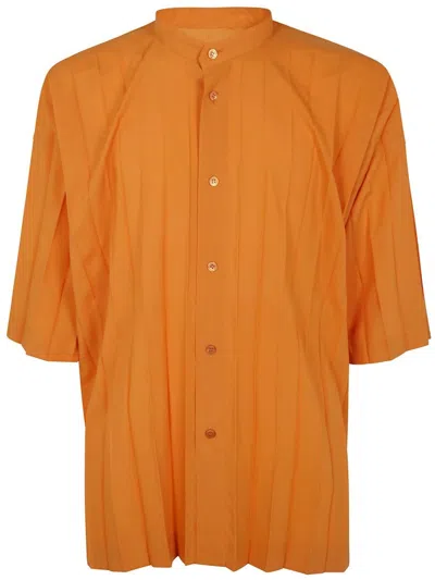 Issey Miyake Pleated Short-sleeved Mandarin Collar Shirt In Orange