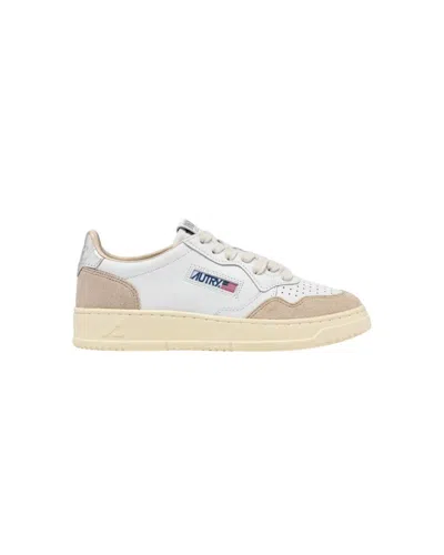 Autry Medalist Low Sneakers In White, Silver, And Beige Suede In Multi