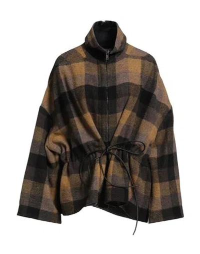 Rick Owens Woman Coat Mustard Size Onesize Virgin Wool, Cow Leather In Brown