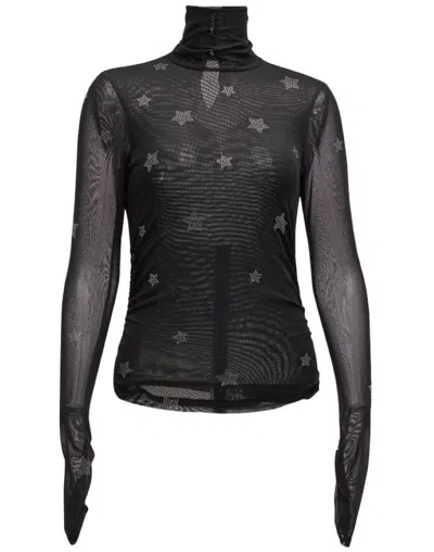 Cinq À Sept Cinq A Sept Women's Black Rhinestone Star Shirred Mesh Turtleneck Top In Black