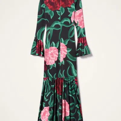 La Doublej Alba Floral Ruffled Midi Dress In Blue