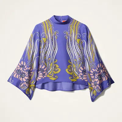 La Doublej Make An Exit Printed Silk Satin Blouse In Blue