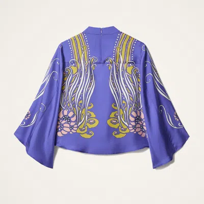 La Doublej Make An Exit Printed Silk Satin Blouse In Blue