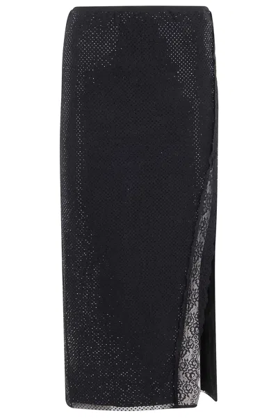 Self-portrait Black Rhinestone Midi Skirt In Black