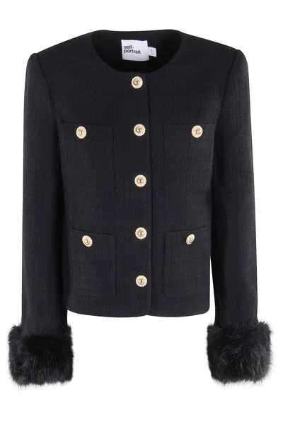Self-portrait Boucle Cropped Jacket Eco Fur Sleeve In Black