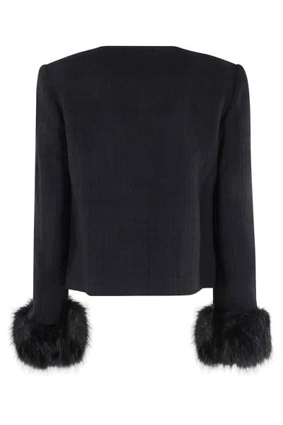 Self-portrait Boucle Cropped Jacket Eco Fur Sleeve In Black