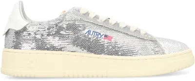 Autry Dallas Low Sparkling Sneakers In Silver And White Sequins Shoes In Silver