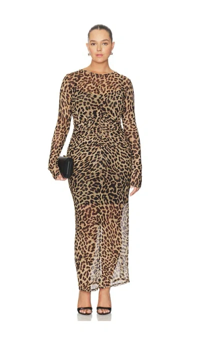 Good American Mesh Ruched Maxi Dress Lucky Leopard001 In Brown
