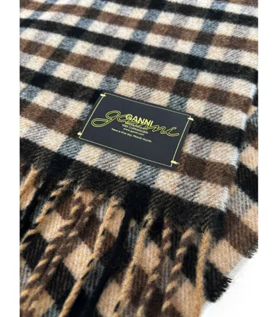 Ganni Coffee Check Scarf In Brown