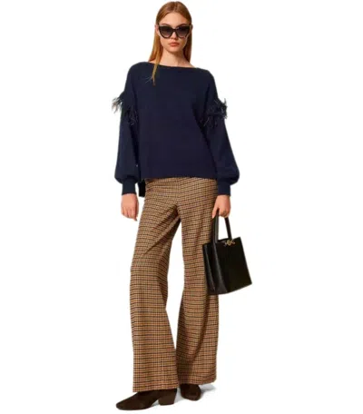 Twinset Blue Sweater With Feathers In Blue