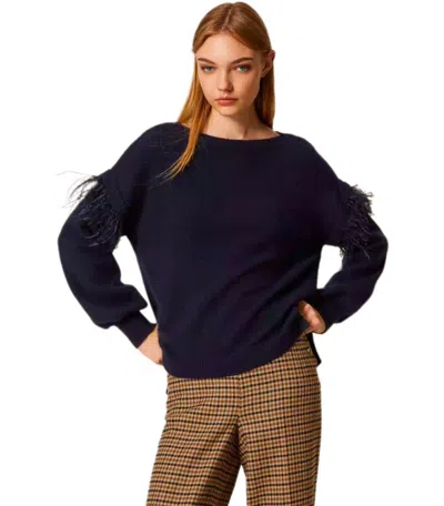 Twinset Blue Sweater With Feathers In Blue