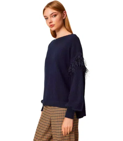 Twinset Blue Sweater With Feathers In Blue