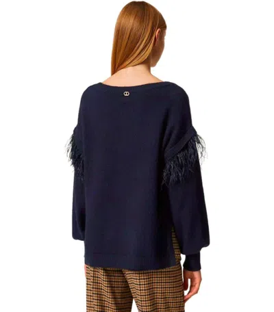 Twinset Blue Sweater With Feathers In Blue