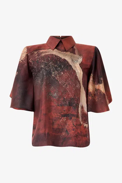 Roberto Cavalli Marble-print Silk Blouse In Red