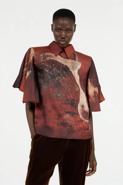Roberto Cavalli Marble-print Silk Blouse In Red