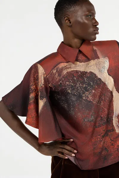 Roberto Cavalli Marble-print Silk Blouse In Red