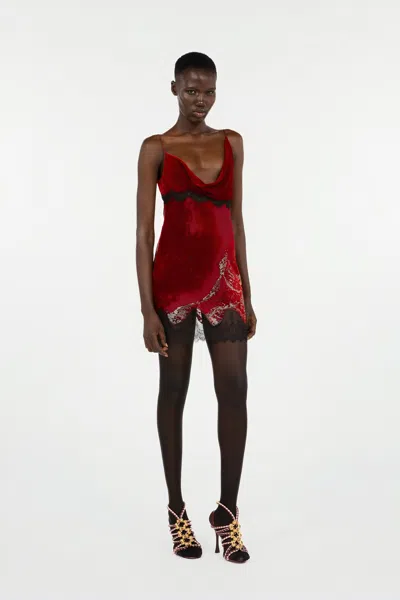 Roberto Cavalli Mini Slip Dress With Deep Cowl Neckline And Abstract Pattern In Red