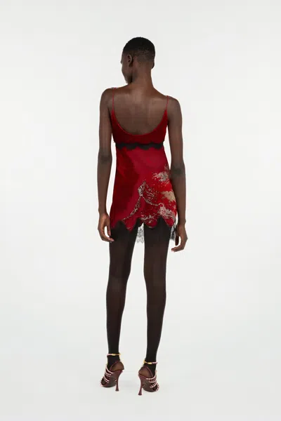 Roberto Cavalli Mini Slip Dress With Deep Cowl Neckline And Abstract Pattern In Red
