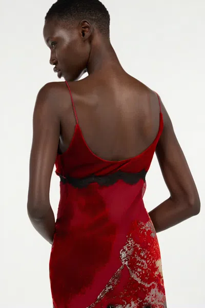 Roberto Cavalli Mini Slip Dress With Deep Cowl Neckline And Abstract Pattern In Red