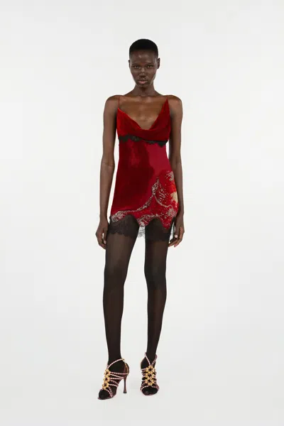 Roberto Cavalli Mini Slip Dress With Deep Cowl Neckline And Abstract Pattern In Red