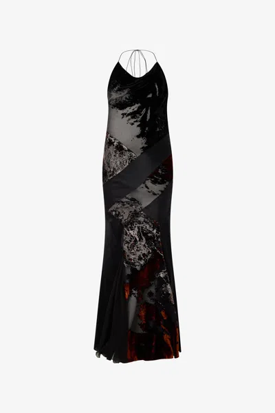 Roberto Cavalli Long Black Dress With Marine Print In Black