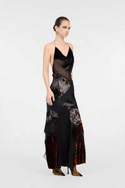 Roberto Cavalli Long Black Dress With Marine Print In Black