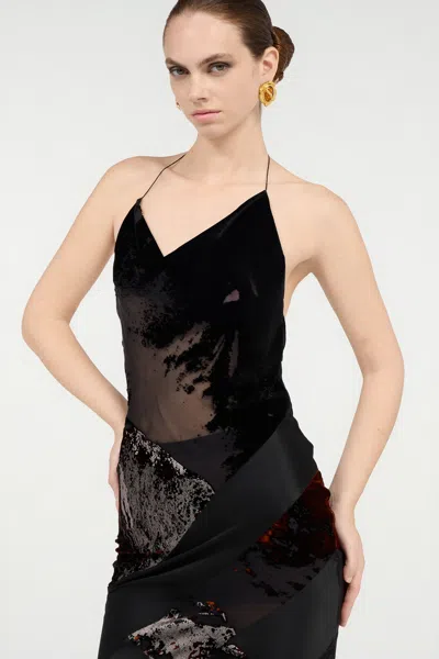 Roberto Cavalli Long Black Dress With Marine Print In Black