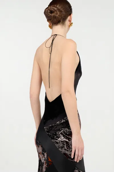 Roberto Cavalli Long Black Dress With Marine Print In Black