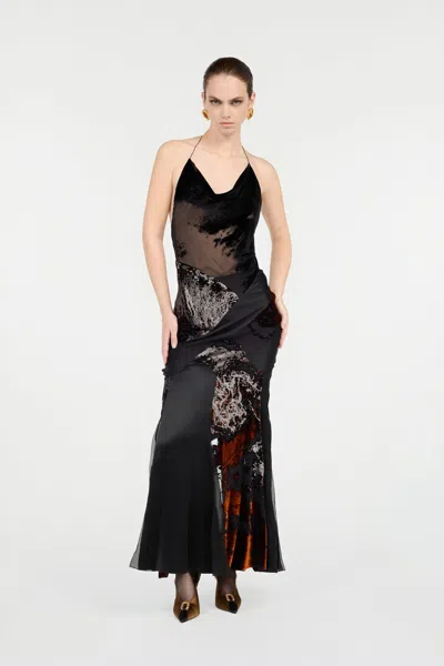 Roberto Cavalli Long Black Dress With Marine Print In Black
