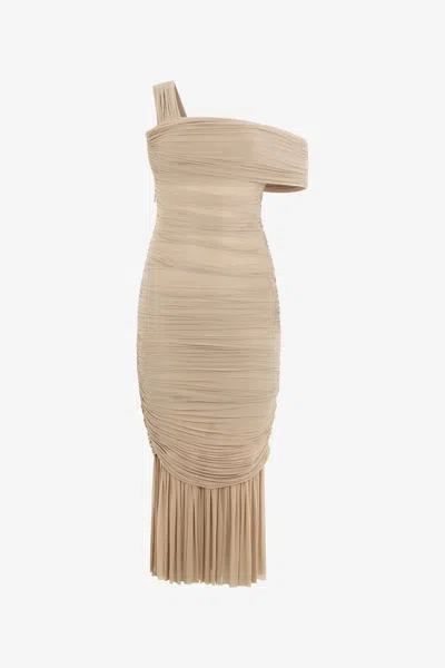 Roberto Cavalli Nude Midi Dress With Ruffles In Brown