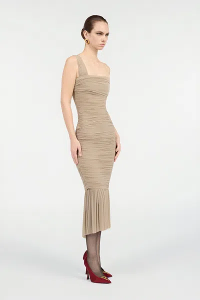 Roberto Cavalli Nude Midi Dress With Ruffles In Brown