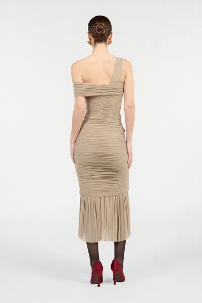 Roberto Cavalli Nude Midi Dress With Ruffles In Brown