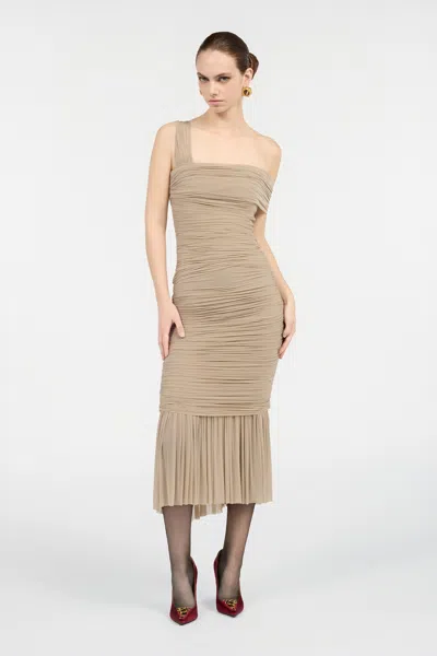 Roberto Cavalli Nude Midi Dress With Ruffles In Brown