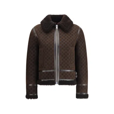 Gucci Leather Jacket With Gg Motif In Brown