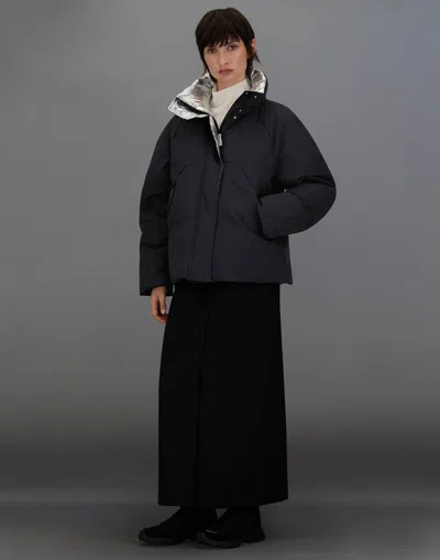 Herno Oversized Metallic Crinkle Jacket With High Collar In Black