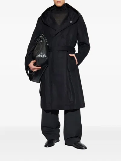 Yohji Yamamoto Hooded Belted Wool Coat In Black