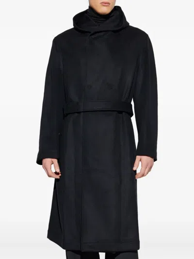 Yohji Yamamoto Hooded Belted Wool Coat In Black