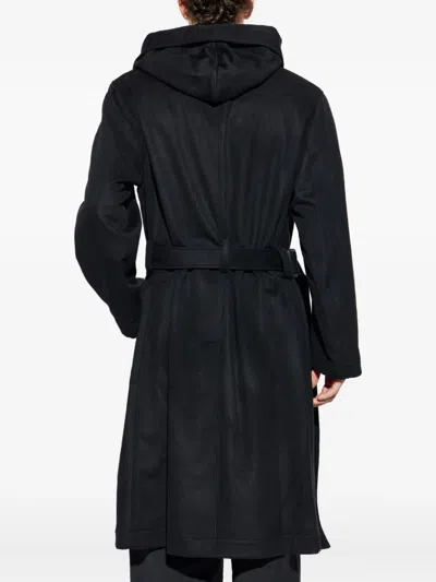 Yohji Yamamoto Hooded Belted Wool Coat In Black