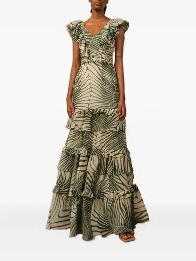 Andres Otalora Mesay Leaf-print Ruffled Maxi Dress In Green