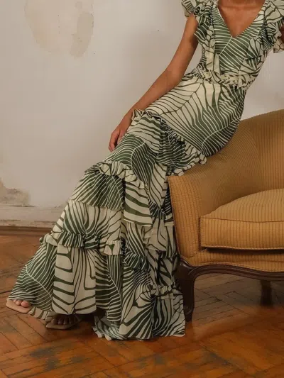 Andres Otalora Mesay Leaf-print Ruffled Maxi Dress In Green