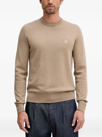 Hugo Boss Logo-patch Crew-neck Sweater In Neutral