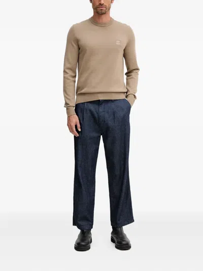 Hugo Boss Logo-patch Crew-neck Sweater In Neutral